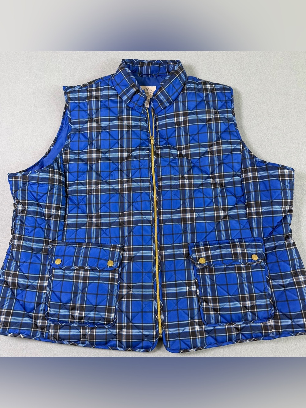 St. John’s Bay Royal Blue Plaid Quilted Vest w/Front Zip & Snap Pockets ~ 4XL